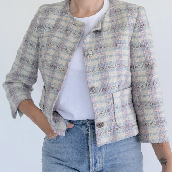 Jackets & Blazers - Vintage Paule  Vasseur Pink & Cream Cross Pattern 63% Wool Blazer 40